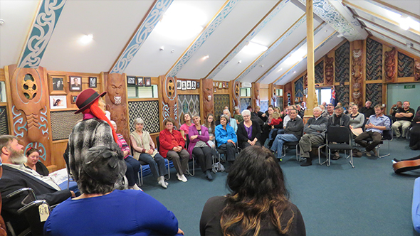 Di Wilson addresses rōpū who have gathered to celebrate her life and the connections she has made.