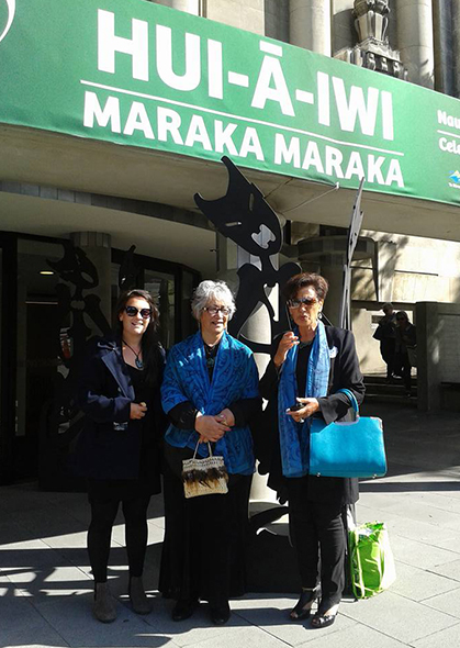 Kāti Māhaki whānau outside the Hui-a-Iwi venue. From left, Eva Scott-Keen, Mata Holliday and Marie Mahuika Forsyth.
