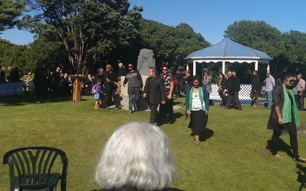 Ngāti Waewae and Ngāruahine whānau gather at the memorial site at Seaview, Hokitika.