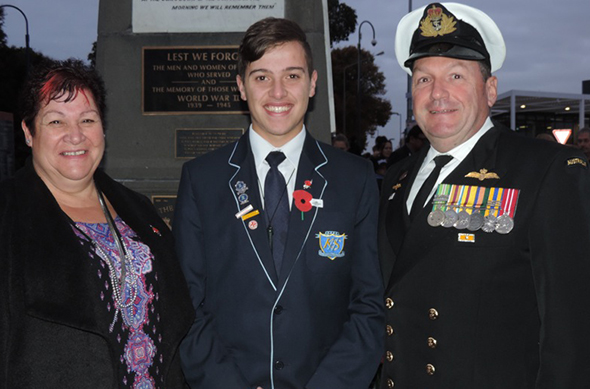 Left to right: Sharon Russell (Mum), Tahu Russell, Lieutenant Commander Karl Knowles (Australian Navy).