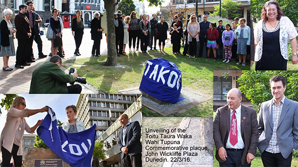 Whānau, representatives of Pouhere taonga/Heritage NZ and friends gather to take part in the blessing and unveiling of the Toitū Tauraka Waka Wāhi Tūpuna commemorative plaque at the John Wickliffe Plaza.